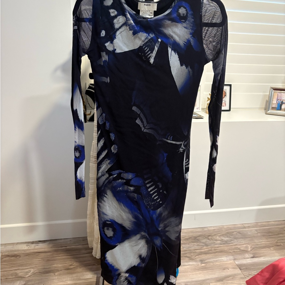 Fuzzi Black and Blue Long-Sleeve Floral Midi Dress